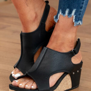 Black Wedge Sandals - Vintage Leather Stitching Studded
