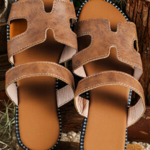 Brown Leather Flat Slides - H Band