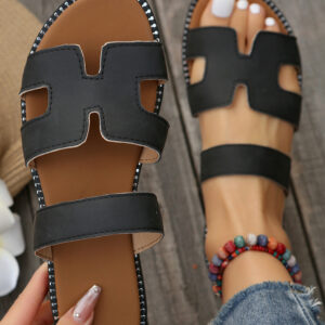 Black Leather Flat Slides - H Band