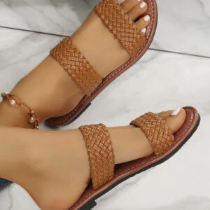 Chestnut Braided Double Band Leather Flat Slides