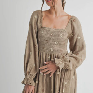 100% Cotton Long Sleeve Embroidery Maxi Dress - Grey Taupe