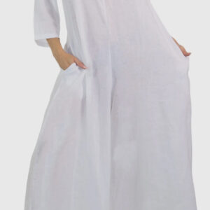 100% Linen Jumper with  Wide Legs - White