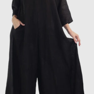 100% Linen Jumper with  Wide Legs - Black