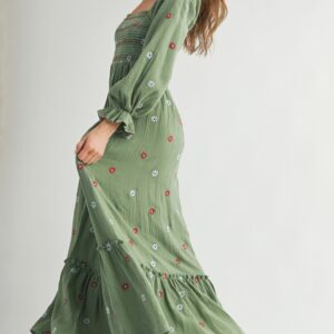 100% Cotton Long Sleeve Embroidery Maxi Dress - Pistachio