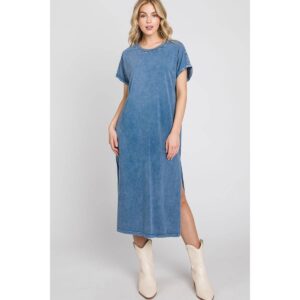 100% Cotton Mineral Wash Dress - Denim Blue