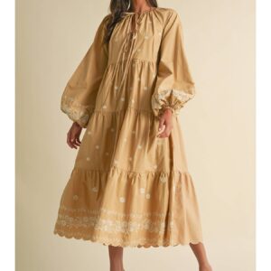 100% Cotton Embroidery Tiered Maxi Dress