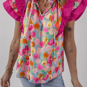 100% Cotton Pink Floral Ruffle Blouse