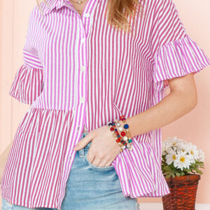 100% Cotton Pink Striped Ruffle Blouse