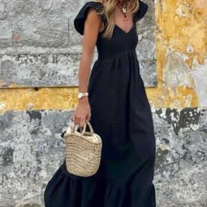 100% Cotton Black V Neck Ruffle Maxi Dress