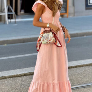 100% cotton Apricot Pink V Neck Ruffle Maxi Dress