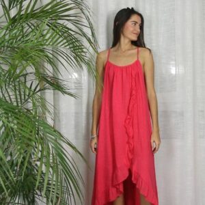 100% Linen Sleeveless Dress with Ruffle Strap  - (One Size Fits Most / Many Colors)