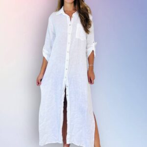 100% Linen Long Shirt Dress (One Size Fits Most / Many Colors)